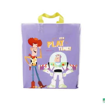 Purple biodegradable soft loop packaging bag with character print