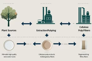 cellulose-processing-flowchart ‣ Plastic bag manufacturer & Supplier in Vietnam ‣ HAPLAST Diagram showing the extraction and processing steps of cellulose from plant sources to final biodegradable products.