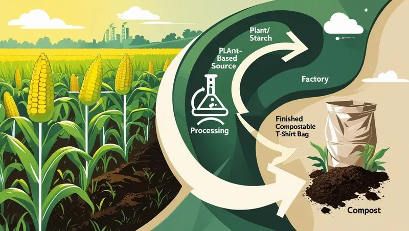 Infographic showing the life cycle of a compostable T-shirt bag from plant-based source to compost.