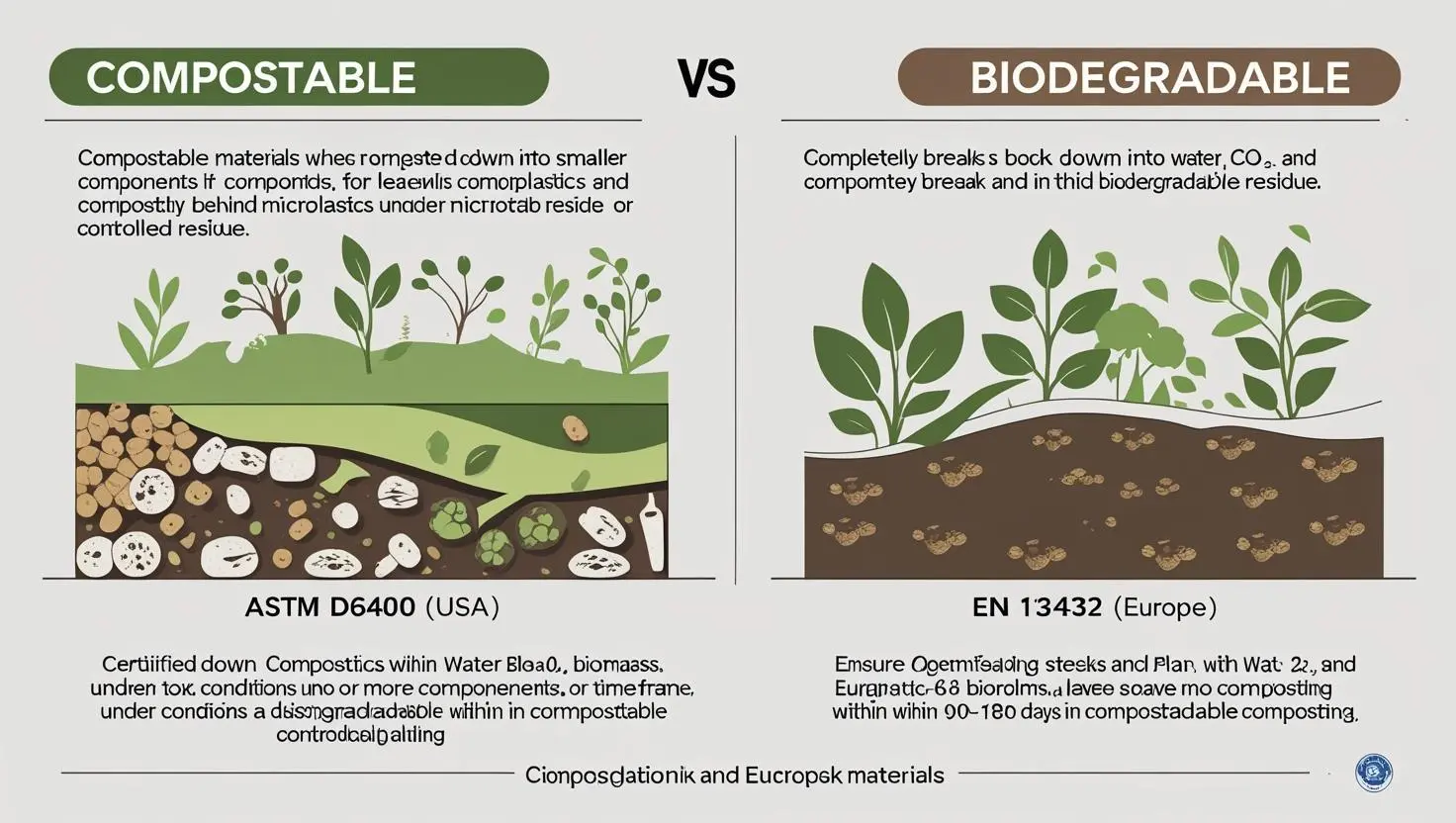 Infographic comparing compostable materials with biodegradable materials and their breakdown process