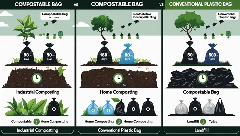 Chart comparing decomposition time: compostable bags (90–180 days) vs. plastic bags (500+ years)