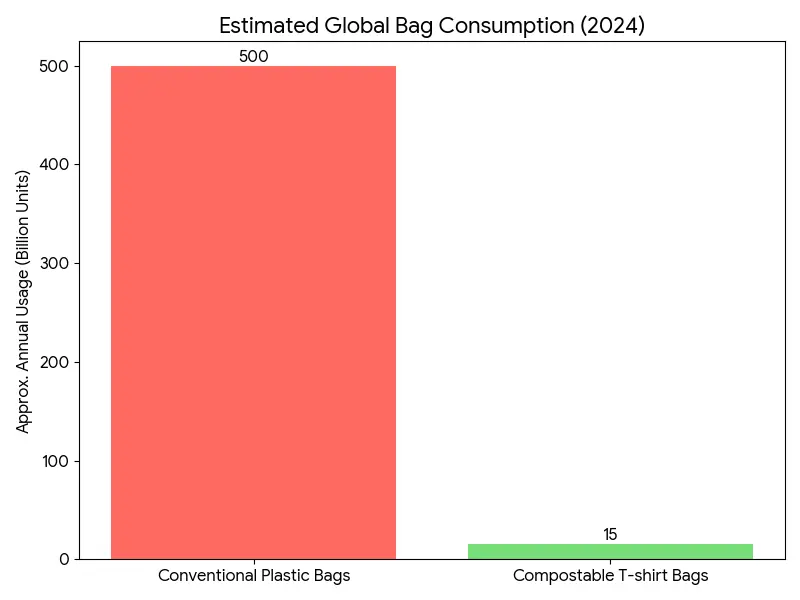 Bar chart showing global plastic bag use at 500B vs. compostable bags at 15B units in 2024