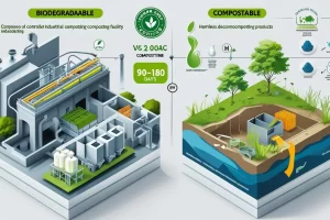 Industrial Composting vs. Natural Decomposition ‣ Plastic bag manufacturer & Supplier in Vietnam ‣ HAPLAST Isometric infographic comparing industrial composting with natural decomposition of compostable products.