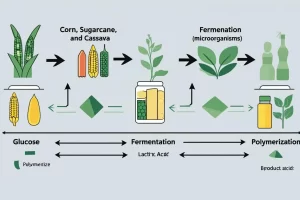 pla-production-process-diagram ‣ Plastic bag manufacturer & Supplier in Vietnam ‣ HAPLAST Diagram showing the PLA production process from plant sugars to biodegradable plastic.