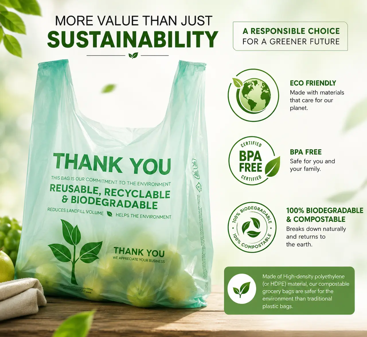 Biodegradable and compostable thank you shopping bag with eco-friendly sustainable packaging features