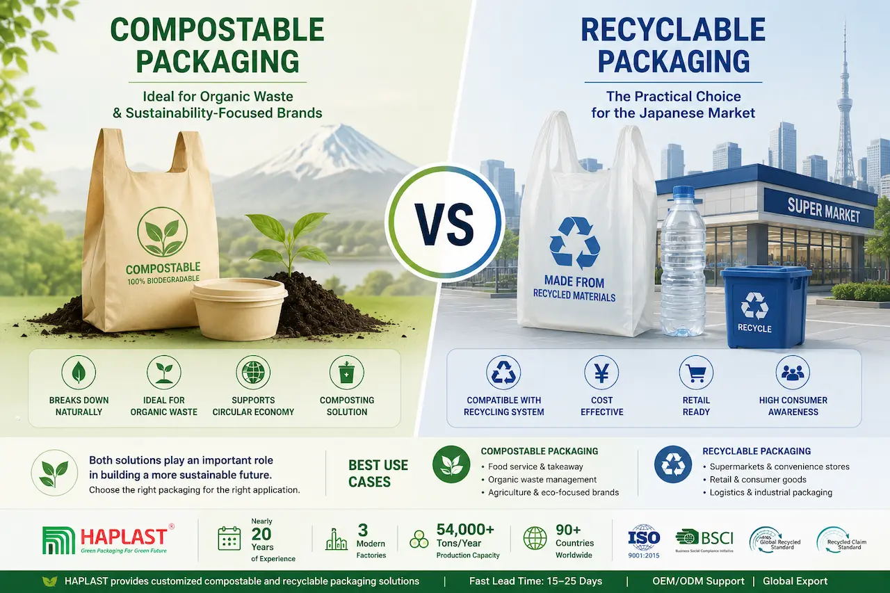 Compostable vs recyclable packaging comparison for the Japanese market highlighting sustainable packaging solutions and environmental benefits