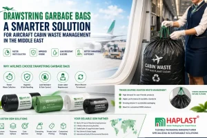 Drawstring garbage bags used for aircraft cabin waste collection, providing hygienic and efficient waste management solutions for airlines.
