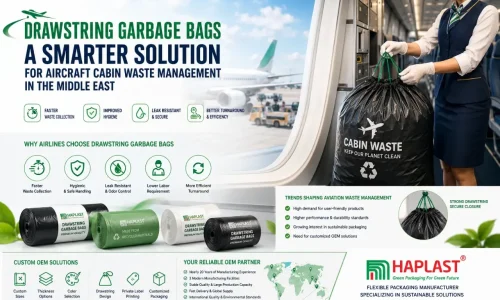 Drawstring garbage bags used for aircraft cabin waste collection, providing hygienic and efficient waste management solutions for airlines.