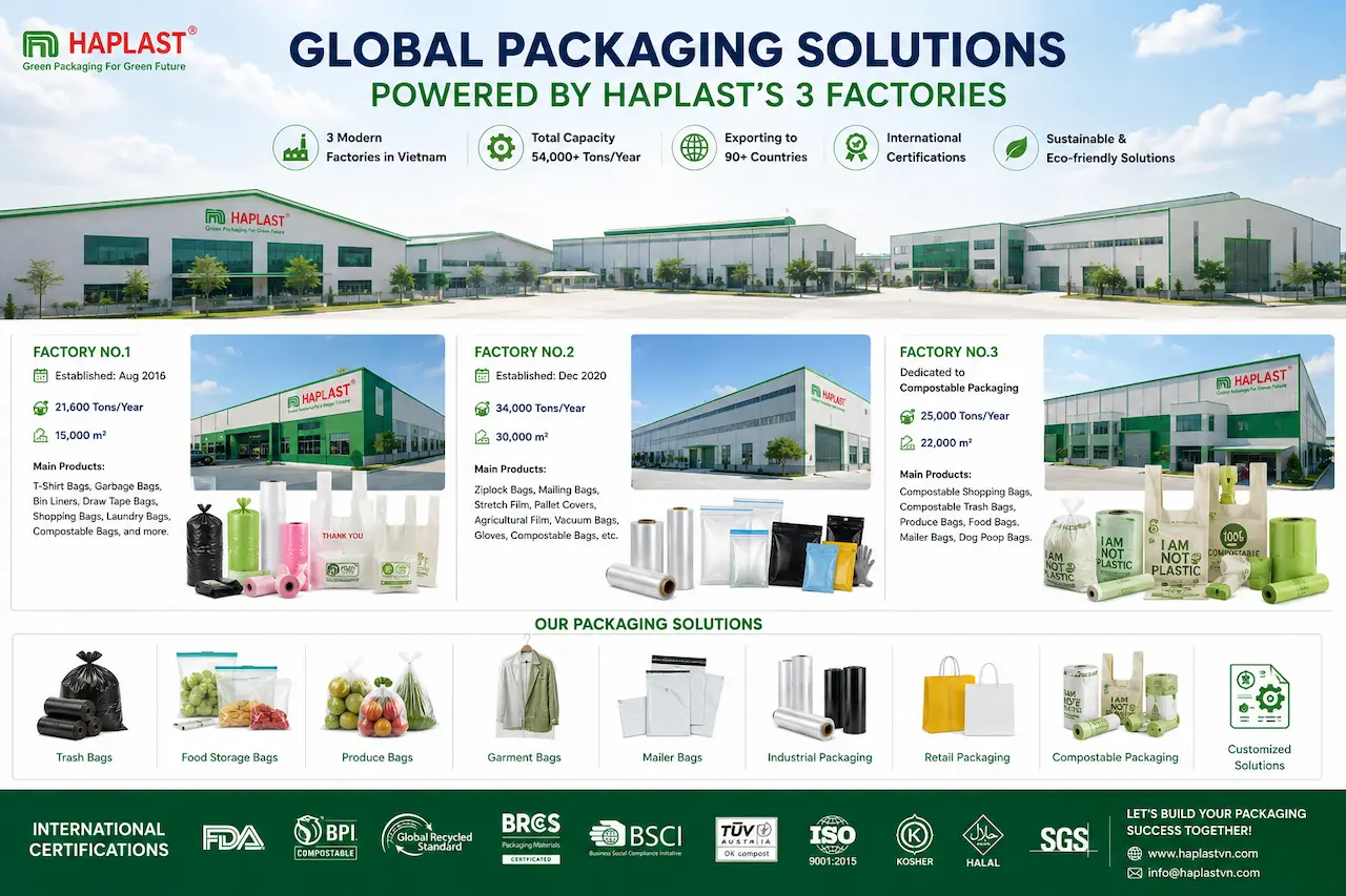 HAPLAST three modern manufacturing facilities producing plastic bags, compostable bags, and customized packaging solutions for global export markets.