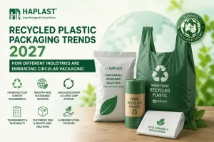 Recycled plastic packaging solutions manufactured by HAPLAST supporting circular economy, PCR materials, and sustainable packaging trends in 2027.