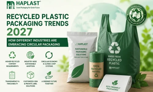 Recycled plastic packaging solutions manufactured by HAPLAST supporting circular economy, PCR materials, and sustainable packaging trends in 2027.