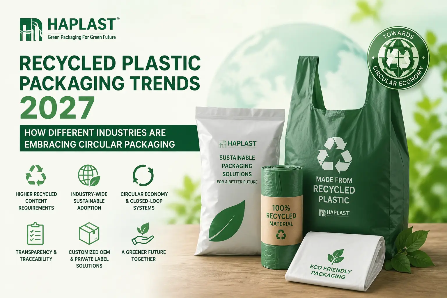 Recycled plastic packaging solutions manufactured by HAPLAST supporting circular economy, PCR materials, and sustainable packaging trends in 2027.